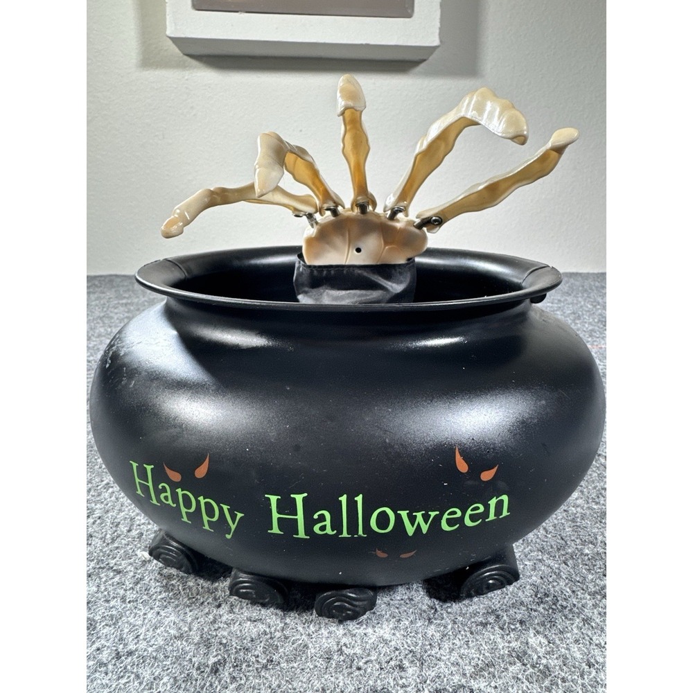 Gemmy Animated Talking Candy Happy Halloween Cauldron Bowl Gotcha Skeleton Hand